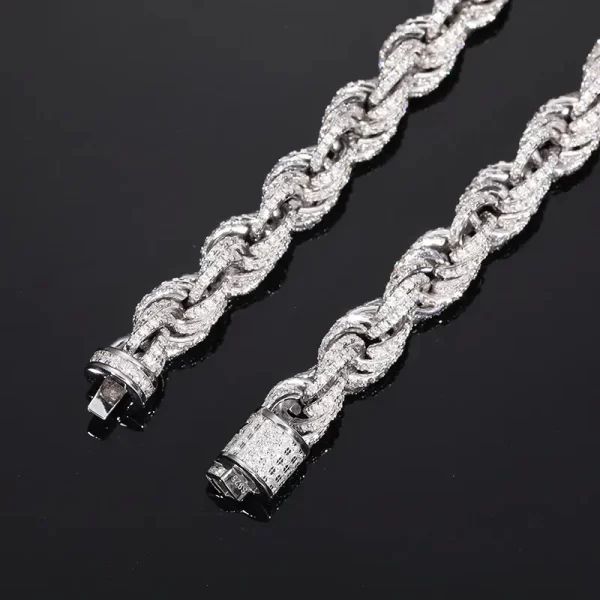 Step up your style with the 925S Moissanite Rope Chain ¨C 8mm in White Gold. This chain is designed to shine with VVS clarity moissanite stones, paired with 925 Sterling Silver for durability. The White Gold plating adds a sleek and modern touch, making it ideal for any occasion. Whether dressing up or going casual, this chain offers both brilliance and versatility.