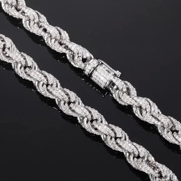 Step up your style with the 925S Moissanite Rope Chain ¨C 8mm in White Gold. This chain is designed to shine with VVS clarity moissanite stones, paired with 925 Sterling Silver for durability. The White Gold plating adds a sleek and modern touch, making it ideal for any occasion. Whether dressing up or going casual, this chain offers both brilliance and versatility.