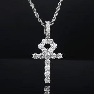 The White Gold 925SS Moissanite Ankh Cross Pendant symbolizes eternal life and style. With Moissanite stones and a sterling silver base, this hypoallergenic, waterproof piece shines with Hip Hop elegance.