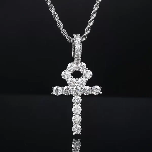 The White Gold 925SS Moissanite Ankh Cross Pendant symbolizes eternal life and style. With Moissanite stones and a sterling silver base, this hypoallergenic, waterproof piece shines with Hip Hop elegance.