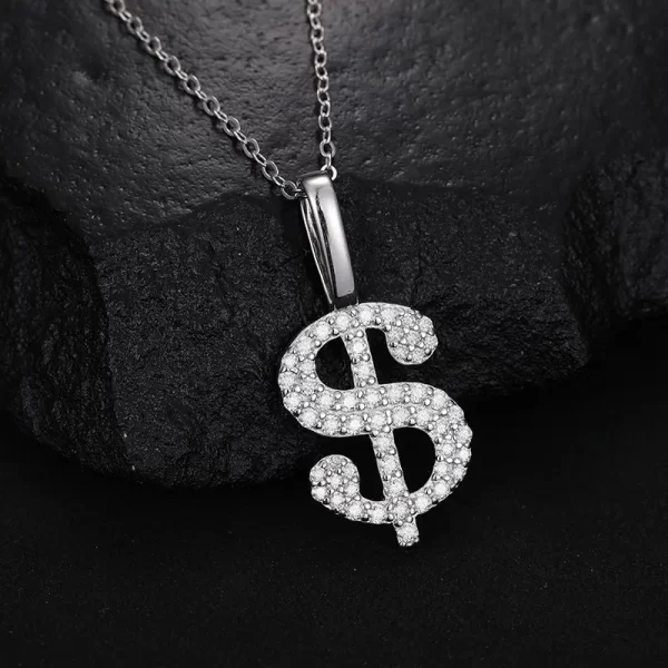 The White Gold 925SS Moissanite Dollar $ Pendant brings a touch of luxury to any outfit. With its white gold finish and Moissanite detailing, this hypoallergenic and waterproof pendant is perfect for those wanting to make a bold statement in true Hip Hop style.