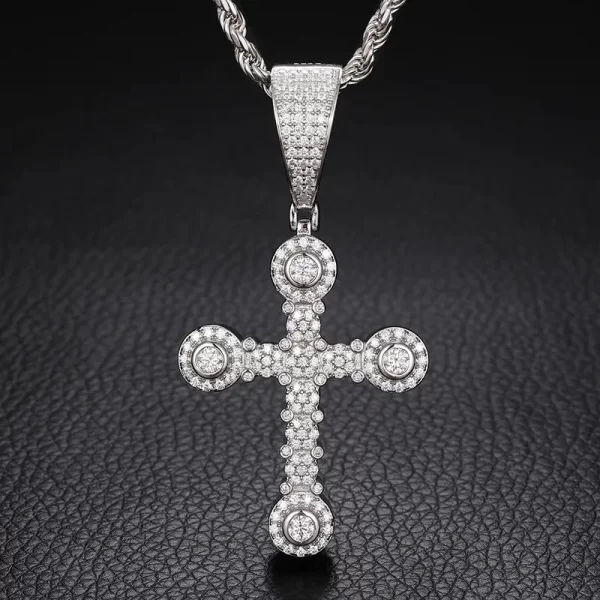 The White Gold 925SS Moissanite Cross Pendant embodies classic religious symbolism with a modern Hip Hop edge. Featuring white gold and Moissanite stones, this hypoallergenic and waterproof pendant is perfect for adding elegance to any outfit.