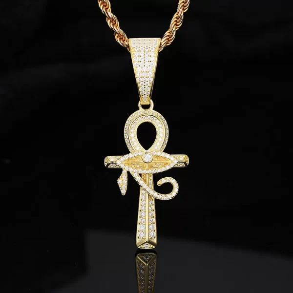 The 925SS Moissanite Eye of Ra Ankh Cross Pendant combines two powerful symbols of protection and life. Made from sterling silver and embellished with Moissanite stones, this pendant blends ancient Egyptian symbolism with modern luxury. The Eye of Ra and Ankh cross symbolize divine protection and eternal life, making this piece both meaningful and stylish. Hypoallergenic and waterproof, it¡¯s perfect for daily wear while keeping true to Hip Hop culture.