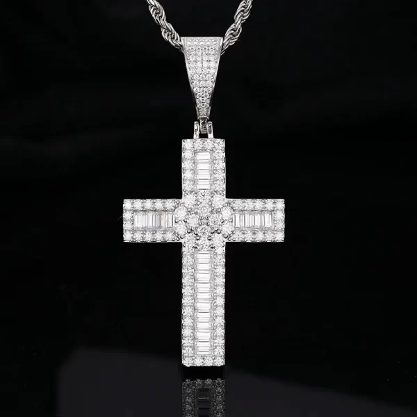 The White Gold 925SS Moissanite Baguette Cross Pendant is a sleek and stylish piece. Featuring sterling silver and Moissanite stones, this hypoallergenic and waterproof pendant shines with timeless elegance, perfect for any event.