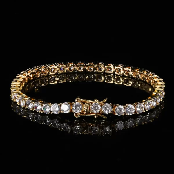 Add a touch of elegance to your look with the Iced Prong Tennis Bracelet in Yellow Gold - 3mm. This sleek bracelet features prong-set VVS Simulated Diamonds, delivering maximum brilliance. The slim 3mm design allows for easy layering or wearing solo, while the Yellow Gold Plating adds a luxurious feel to your jewelry collection.