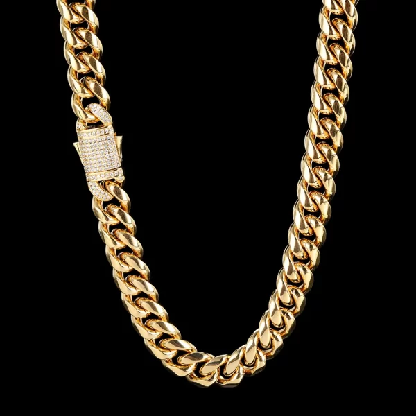 Elevate your collection with the Iced Stainless Steel Cuban Link Chain in Yellow Gold. Crafted from durable stainless steel, this chain features a bold 10/12mm width and is plated in a rich Yellow Gold finish. The Iced Out design showcases VVS Simulated Diamonds for maximum brilliance, making it perfect for special occasions or adding a touch of luxury to your daily style. The Yellow Gold finish complements its high-end look, offering a timeless appeal that blends durability with undeniable style.