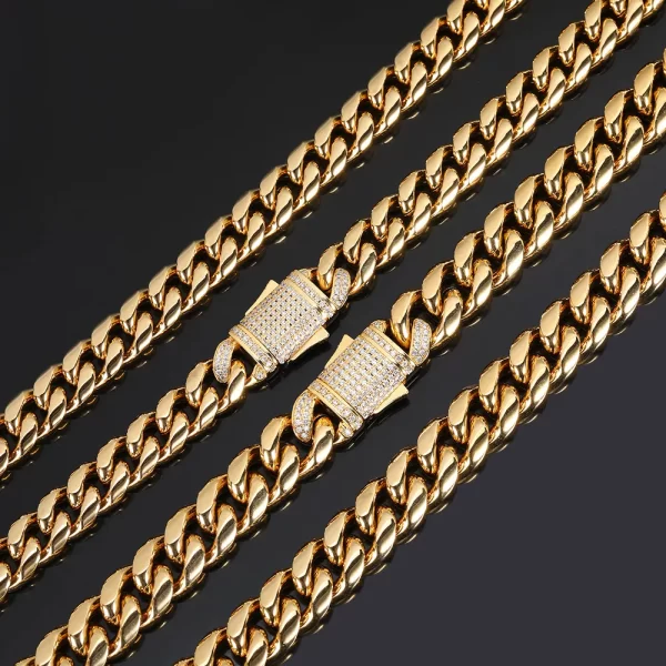 Elevate your collection with the Iced Stainless Steel Cuban Link Chain in Yellow Gold. Crafted from durable stainless steel, this chain features a bold 10/12mm width and is plated in a rich Yellow Gold finish. The Iced Out design showcases VVS Simulated Diamonds for maximum brilliance, making it perfect for special occasions or adding a touch of luxury to your daily style. The Yellow Gold finish complements its high-end look, offering a timeless appeal that blends durability with undeniable style.