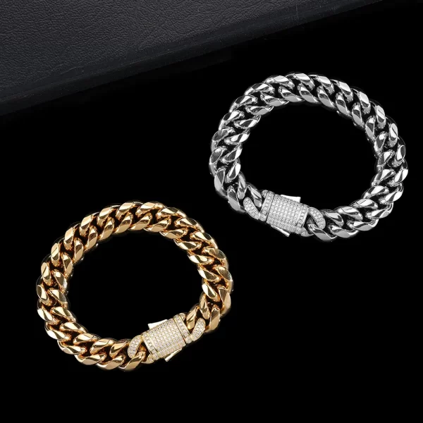 Upgrade your wrist game with the Iced Stainless Steel Cuban Link Bracelet in Yellow Gold - 10/12mm. This bold bracelet features a thick Cuban link design crafted from durable stainless steel, finished with a luxurious Yellow Gold Plating. It is iced out with VVS Simulated Diamonds for maximum sparkle. Waterproof and scratch-resistant, this bracelet is perfect for adding a statement to both casual and formal styles, offering durability and luxury.