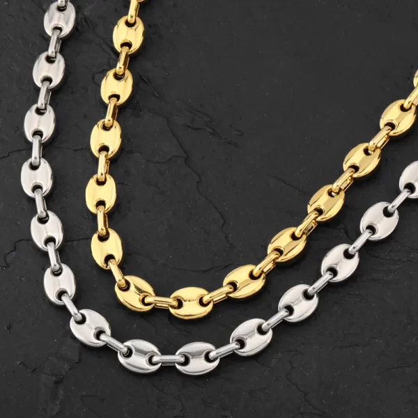 Elevate your everyday style with the Stainless Steel Mariner Link Chain in White Gold. Built for both durability and fashion, this 5-11mm chain offers sleek sophistication with its high-polish White Gold finish. Whether layered or worn as a standalone piece, the varying widths ensure versatility and modern appeal. Perfect for casual wear or dressing up, this White Gold chain brings a refined elegance that complements any outfit, making it a staple in your collection.