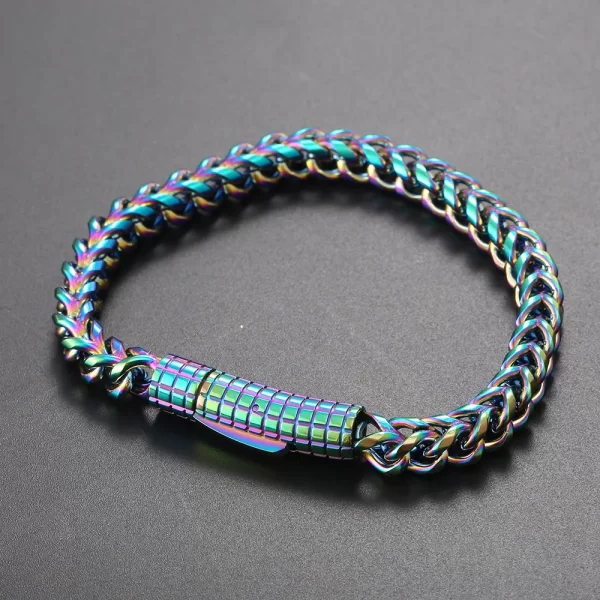 The Stainless Steel Rope Bracelet in Color - 6mm brings vibrant hues to a classic rope design. Crafted from Stainless Steel, this bracelet is durable and sleek, perfect for those who want to add a pop of color to their style. The rope design is versatile, allowing it to be worn alone or stacked with other bracelets for a bold look. Hip Hop enthusiasts will appreciate the unique blend of colors, making this 6mm bracelet a standout accessory for both casual wear and special events.