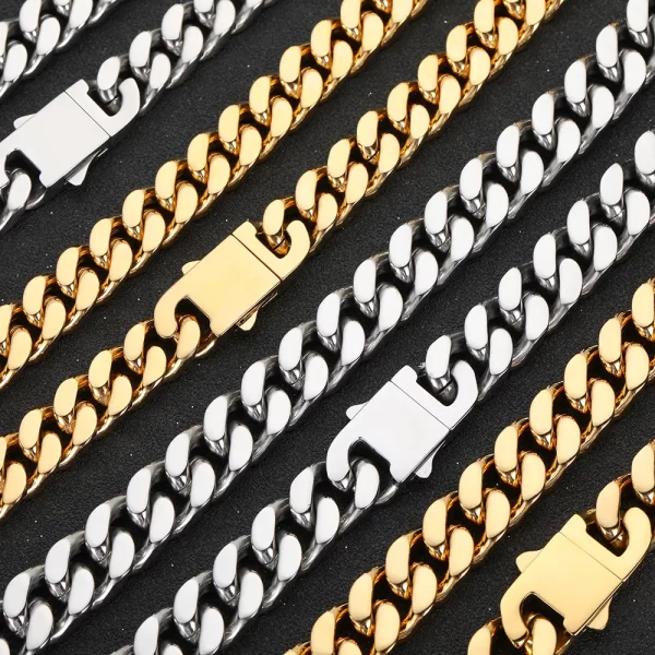 The Square Stainless Steel Cuban Link Bracelet in Yellow Gold - 5~15mm offers a modern twist on a classic Hip Hop accessory. Ranging in width from 5mm to 15mm, this bracelet is crafted from durable stainless steel and coated in a Yellow Gold finish, adding a luxurious touch. The square link design makes it perfect for those who love bold, standout Hip Hop fashion. Whether worn solo or layered, this bracelet ensures both durability and style, making it a go-to accessory for any occasion.