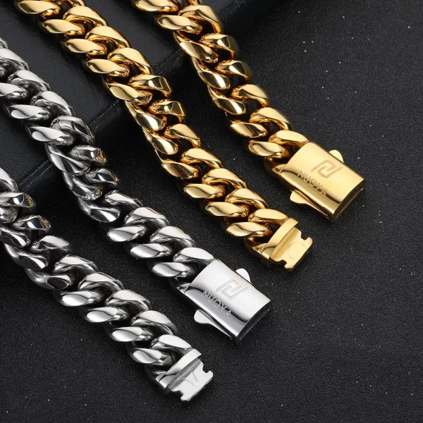 Make a bold statement with the Stainless Steel 18K Gold Cuban Link Chain in Yellow Gold. This thick Cuban Link Chain is crafted from high-grade stainless steel and finished with luxurious 18K Yellow Gold Plating. The 8¨C14mm wide links give it a substantial, high-end look, while the VVS Simulated Diamonds provide a dazzling shine. Designed for those who want a perfect mix of durability and luxury, this chain is versatile enough to complement both street style and formal wear, making it an essential accessory for any Hip Hop enthusiast.