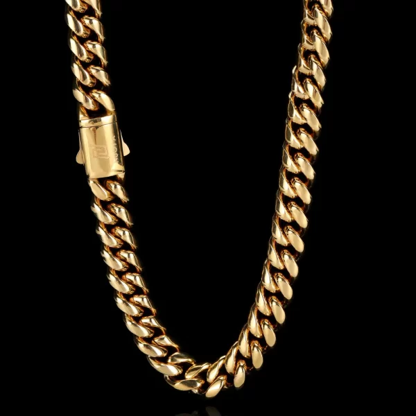 Make a bold statement with the Stainless Steel 18K Gold Cuban Link Chain in Yellow Gold. This thick Cuban Link Chain is crafted from high-grade stainless steel and finished with luxurious 18K Yellow Gold Plating. The 8¨C14mm wide links give it a substantial, high-end look, while the VVS Simulated Diamonds provide a dazzling shine. Designed for those who want a perfect mix of durability and luxury, this chain is versatile enough to complement both street style and formal wear, making it an essential accessory for any Hip Hop enthusiast.