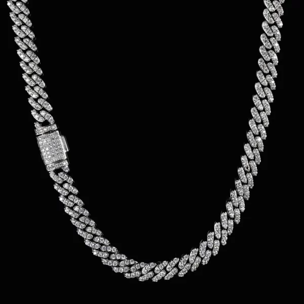 Add a touch of luxury to your look with the Iced Prong Miami Cuban Link Chain in White Gold. This 8mm chain features prong-set VVS Simulated Diamonds for maximum shine, while the White Gold finish gives it a sleek, modern feel. Perfect for those who appreciate timeless elegance, this piece can be worn for both special occasions and everyday style. Whether layered or worn solo, the White Gold finish ensures a sophisticated, polished look.