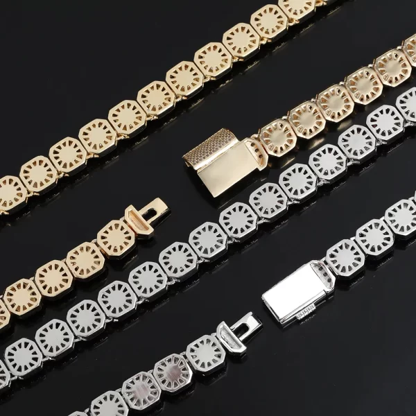 Shine bright with the Iced Square Tennis Bracelet in White Gold - 10/12mm. The sleek square-set VVS Simulated Diamonds, combined with a White Gold finish, make this bracelet the perfect accessory for those who love the luxurious, bold style of Hip Hop fashion.