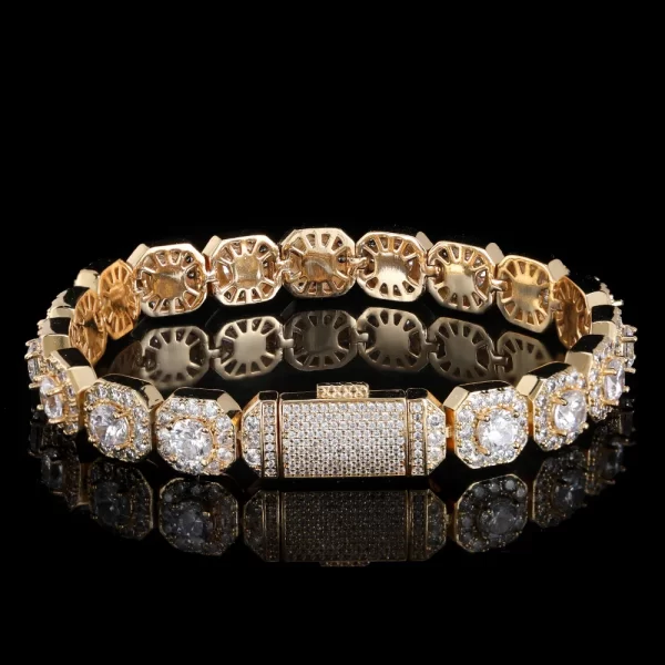 Shine bright with the Iced Square Tennis Bracelet in Yellow Gold - 10/12mm. Featuring VVS Simulated Diamonds set in a square prong design, this bracelet offers unmatched brilliance. The Yellow Gold finish adds both durability and style, making it a bold Hip Hop accessory for anyone who wants to make a statement.