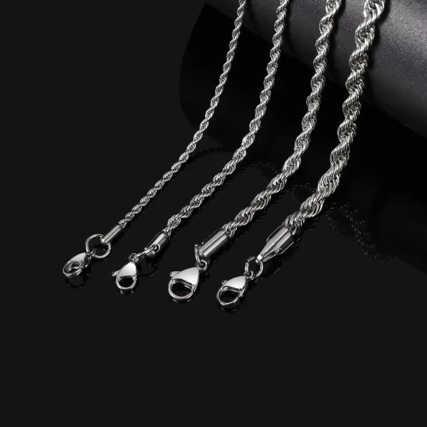 Elevate your everyday style with the Stainless Steel 18K White Gold Rope Chain. This 2¨C6mm chain is plated in White Gold, offering a sleek and minimalist look. The durable stainless steel construction makes it ideal for daily wear, while the White Gold plating provides a subtle yet elegant shine. Whether layered with other chains or worn on its own, this chain is the perfect accessory for any occasion.