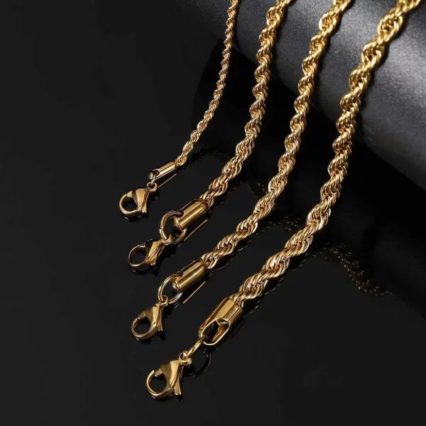 Upgrade your look with the Stainless Steel 18K Gold Rope Chain in Yellow Gold. This 2¨C6mm chain offers a lightweight yet durable design, perfect for those who want to layer their chains or wear them solo. The Yellow Gold plating adds a touch of classic elegance, while the stainless steel core ensures it remains sturdy and long-lasting. Whether paired with other pieces or worn alone, this chain shines bright in both casual and formal settings.