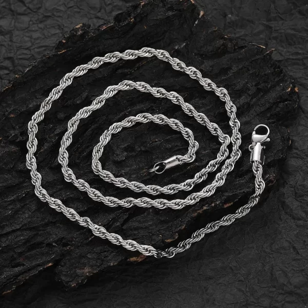 Elevate your everyday style with the Stainless Steel 18K White Gold Rope Chain. This 2¨C6mm chain is plated in White Gold, offering a sleek and minimalist look. The durable stainless steel construction makes it ideal for daily wear, while the White Gold plating provides a subtle yet elegant shine. Whether layered with other chains or worn on its own, this chain is the perfect accessory for any occasion.