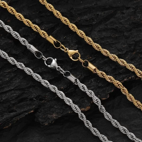 Elevate your everyday style with the Stainless Steel 18K White Gold Rope Chain. This 2¨C6mm chain is plated in White Gold, offering a sleek and minimalist look. The durable stainless steel construction makes it ideal for daily wear, while the White Gold plating provides a subtle yet elegant shine. Whether layered with other chains or worn on its own, this chain is the perfect accessory for any occasion.