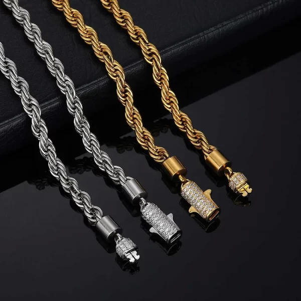 Upgrade your everyday look with the Iced Stainless Steel Rope Chain in Yellow Gold. This 6mm wide chain is crafted from durable stainless steel and finished with a high-polish Yellow Gold Plating for maximum shine. The intricate rope design adds texture and style, while the VVS Simulated Diamonds provide extra brilliance. Whether worn solo or layered, this chain is versatile enough for both casual and formal occasions, giving your outfit the perfect touch of luxury.