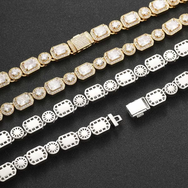 Elevate your style with the White Gold Square Diamond Tennis Chain. Featuring a sleek 6mm design and dazzling square-cut VVS Simulated Diamonds, this chain offers a blend of modern elegance and classic appeal. The White Gold Plating enhances the diamonds' brilliance, creating a striking contrast that adds a sophisticated edge to any outfit. Whether worn casually or for a special occasion, the White Gold finish ensures this chain stands out with its refined, luxurious appearance.