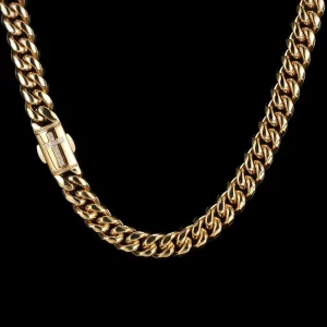 Upgrade your collection with the Iced Prong Miami Cuban Link Chain in Yellow Gold - 10mm. This 10mm Cuban link chain features prong-set VVS Simulated Diamonds, giving it maximum shine and durability. The Gold Plated finish ensures a luxurious look, perfect for daily wear or special occasions. Whether layered or worn alone, this chain adds a touch of Hip Hop style to any outfit, offering both luxury and a bold statement for those who want to stand out.