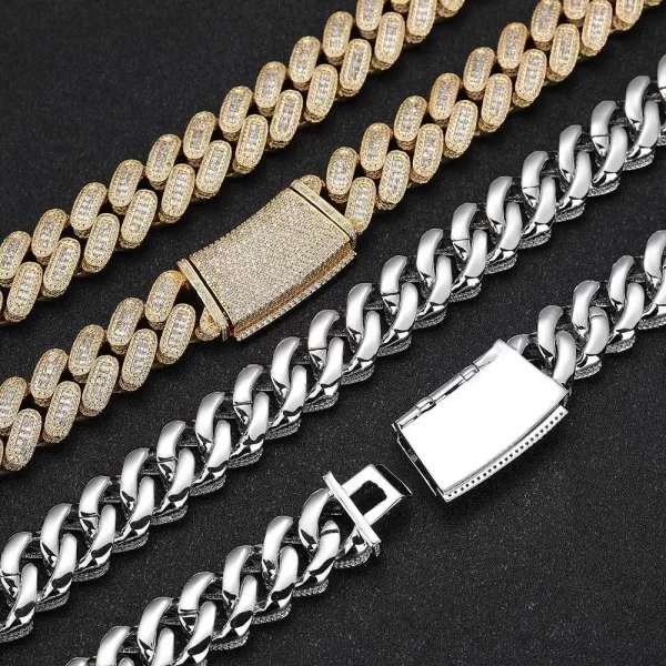 Step up your jewelry game with the Iced Square Diamond Miami Cuban Link Chain in Yellow Gold. This bold 18mm chain features VVS Simulated Diamonds set in a modern square design, bringing both luxury and Hip Hop flair to your look. The Yellow Gold Plating adds an extra touch of elegance while enhancing the brilliance of the diamonds. Whether for casual wear or making a statement at an event, this chain is perfect for those who want a unique combination of street style and high-end fashion.