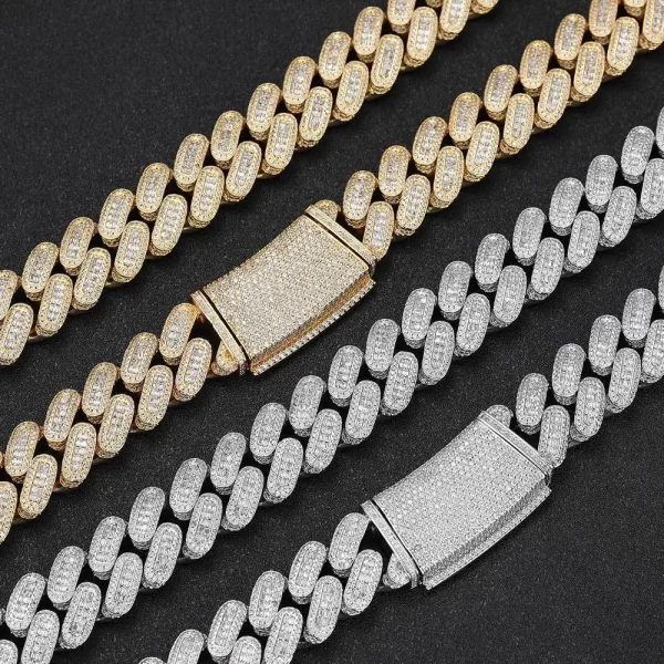 Make a statement with the Iced Square Diamond Miami Cuban Link Chain in White Gold. This 18mm chain features a square design adorned with VVS Simulated Diamonds that sparkle against the clean, polished White Gold finish. Whether you're looking to add sophistication to your casual wear or shine at a formal event, this chain offers the perfect mix of modern style and timeless elegance. It's a must-have for those who appreciate bold, high-quality jewelry with a touch of Hip Hop influence.