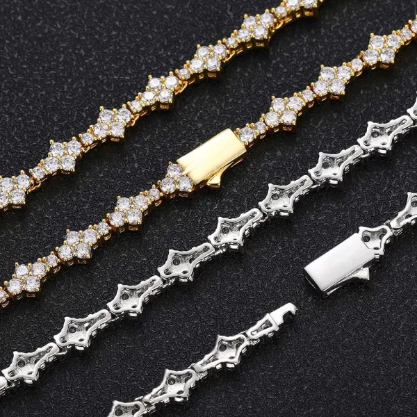 Add some shine to your look with the Iced Cross Tennis Chain in Yellow Gold. This 7mm wide chain features a unique cross design paired with sparkling VVS Simulated Diamonds, creating a bold, luxurious appearance. The Yellow Gold finish adds warmth and elegance, making this piece a go-to accessory for both everyday wear and special occasions. Whether layered with other chains or worn solo, the combination of the cross design and Yellow Gold finish ensures this chain stands out in any collection.