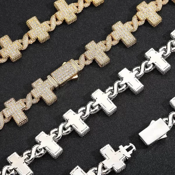 Add a unique touch to your look with the Iced Cross 8-Shaped Link Chain in Yellow Gold. This 17mm chain features a bold design with VVS Simulated Diamonds meticulously set in the signature 8-shaped link pattern. The Yellow Gold finish enhances the intricate details of the chain, making it a standout piece for those who want to combine elegance with modern Hip Hop style. Perfect for both casual and formal occasions, this chain delivers a powerful, luxurious look that never goes out of style.