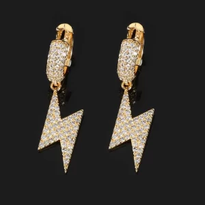 Strike like lightning with these Iced Lightning Hanging Earrings. The gold-plated finish and bold lightning design make a statement, while the sparkling simulated diamonds add a bright flash. Perfect for when you want to stand out and electrify your look, these earrings offer a unique blend of energy and style. Whether for a night out or an event, they add that perfect Hip Hop vibe to your collection.