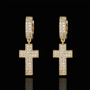 Add a spiritual touch to your style with these Iced Cross Hanging Earrings. Featuring a bold cross design, the gold-plated finish and simulated diamonds ensure a dazzling look that works for both casual and formal events. These earrings bring both faith and fashion together, perfect for Hip Hop lovers looking to express their unique style with some added shine.