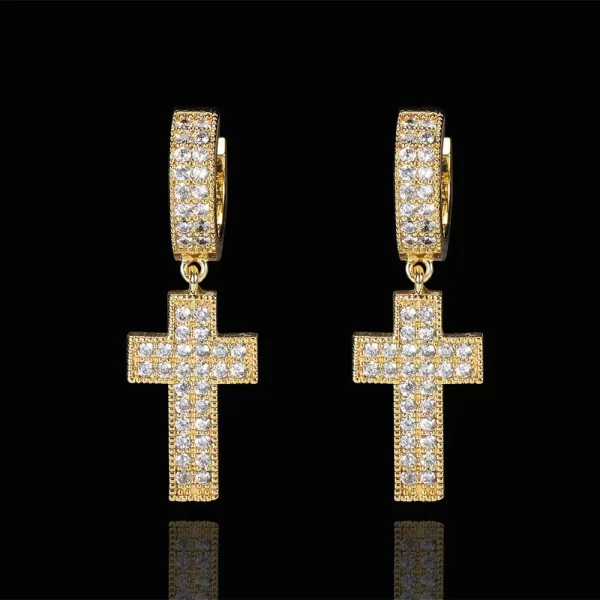 Add a spiritual touch to your style with these Iced Cross Hanging Earrings. Featuring a bold cross design, the gold-plated finish and simulated diamonds ensure a dazzling look that works for both casual and formal events. These earrings bring both faith and fashion together, perfect for Hip Hop lovers looking to express their unique style with some added shine.