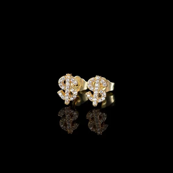 Show off your wealth and style with these Iced Dollar Stud Earrings. The gold-plated finish and money-sign design give a bold, rich statement, while the simulated diamonds add that iconic bling shine. Perfect for everyday wear or standing out at a party, these earrings let everyone know you¡¯re about your grind. With their eye-catching design and luxurious sparkle, they are a perfect addition to any Hip Hop-inspired collection.