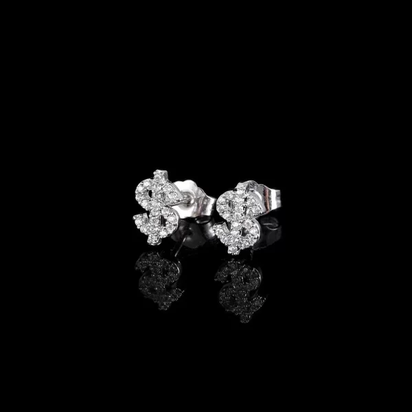 These Iced Dollar Stud Earrings in White Gold bring a fresh, luxe vibe to your outfit. Featuring simulated diamonds that shine bright, the dollar-sign design symbolizes wealth and success, while the White Gold finish adds a sleek, modern edge. Ideal for Hip Hop lovers who want to showcase their grind and make a statement, whether for casual wear or special occasions.