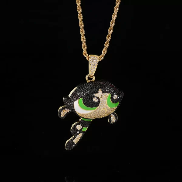 Show off your love for the tough and fearless Buttercup with this Powerpuff Girls Buttercup Pendant. Crafted with durable gold plating and enhanced with shimmering diamonds, this pendant is designed for everyday wear and special occasions alike. Hypoallergenic and waterproof, it provides a comfortable fit without compromising on style. Perfect for Powerpuff Girls fans, this pendant embodies the strength and attitude of Buttercup, giving a bold, iced-out look that's sure to capture attention.