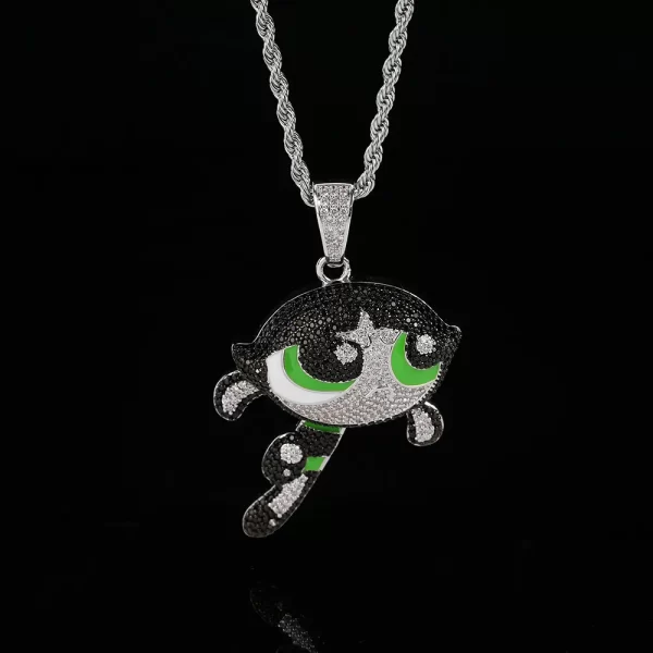 The White Gold Buttercup Pendant captures the essence of the Powerpuff Girls’ fearless leader, Buttercup. With white gold plating and diamonds, it’s both hypoallergenic and waterproof, perfect for adding a bold statement to your Hip Hop collection.