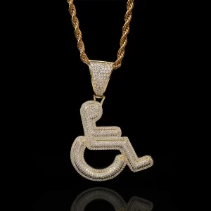 This Iced Wheelchair Pendant in Yellow Gold combines fashion with meaning, making a statement with its unique design and iced-out finish. Crafted from high-quality Yellow Gold plating, this pendant showcases a detailed wheelchair adorned with sparkling stones, perfect for those who want to make a bold, positive statement. Hypoallergenic, waterproof, and scratch-resistant, it’s ideal for daily wear or special occasions. Its modern design offers resilience and empowerment, making it an inspiring piece for any Hip-Hop jewelry collection. Whether you’re expressing strength or individuality, this pendant makes a meaningful and stylish addition.