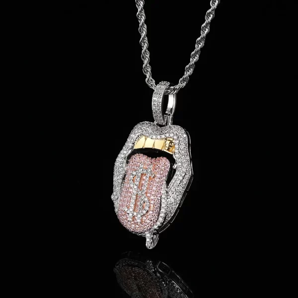 The White Gold Iced Dollar Tongue Pendant adds a touch of playfulness to your jewelry collection. With white gold plating and shimmering diamonds, it’s designed for both fashion and humor. Hypoallergenic and waterproof, it’s perfect for making a bold statement in Hip Hop fashion.