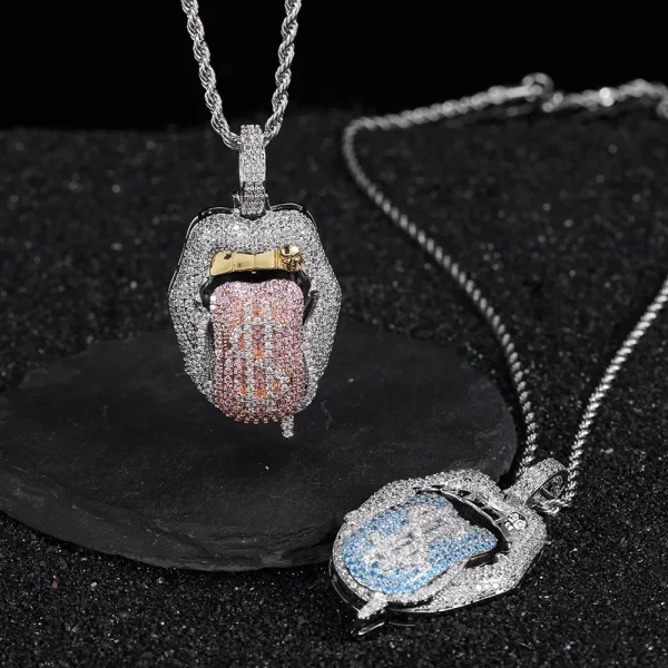 The White Gold Iced Dollar Tongue Pendant adds a touch of playfulness to your jewelry collection. With white gold plating and shimmering diamonds, it’s designed for both fashion and humor. Hypoallergenic and waterproof, it’s perfect for making a bold statement in Hip Hop fashion.