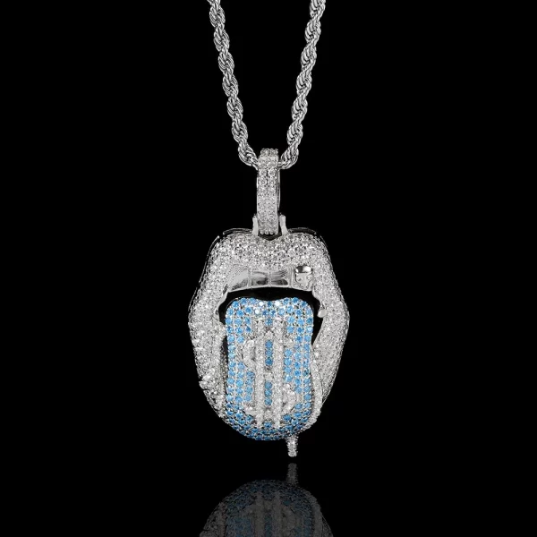 The White Gold Iced Dollar Tongue Pendant adds a touch of playfulness to your jewelry collection. With white gold plating and shimmering diamonds, it’s designed for both fashion and humor. Hypoallergenic and waterproof, it’s perfect for making a bold statement in Hip Hop fashion.