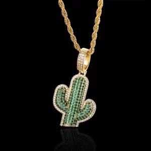 Add a playful touch to your Hip Hop style with the Yellow Gold Iced Cactus Green Pendant, featuring a fun cactus design with vibrant green gemstones framed by VVS simulated diamonds. Set in a Yellow Gold-plated frame, this pendant brings a quirky and unique element to any look. Hypoallergenic and scratch-resistant, it¡¯s perfect for adding a trendy twist to both casual and formal outfits. The bright green stones and warm Yellow Gold finish make this pendant a standout accessory for those who love bold, statement jewelry.