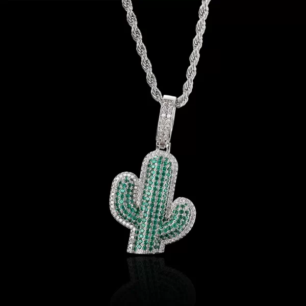 For a cooler, modern vibe, the White Gold Iced Cactus Green Pendant offers the same playful design with a sleek twist. Featuring green gemstones framed by VVS simulated diamonds, this pendant is set in a White Gold-plated frame, adding a refined yet fun touch to your Hip Hop jewelry collection. Hypoallergenic and durable, it¡¯s built for everyday wear, making it a versatile piece for those who appreciate bold and trendy style.