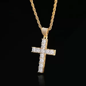 This iced prong cross pendant in Yellow Gold is the perfect mix of faith and hip-hop style. The 28mm pendant is encrusted with VVS simulated diamonds, adding a dazzling shine to any outfit. The Yellow Gold plating gives it a bold and rich look, making it ideal for those who want to stand out with a luxurious, hip-hop vibe. Waterproof and scratch-resistant, this piece is designed for durability, perfect for casual or formal wear. Whether you're making a statement at an event or adding flair to your daily look, this iced cross pendant shines with class and urban style.