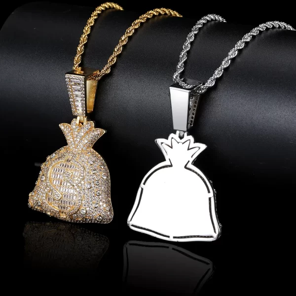 Show off your love for success with this Iced Money Bag Pendant in Yellow Gold. Featuring a Yellow Gold-plated design adorned with shimmering stones, this pendant symbolizes wealth and prosperity. Its hypoallergenic and waterproof construction makes it ideal for everyday wear, ensuring it stays flawless even with frequent use. Perfect for casual or formal occasions, this pendant is a bold statement piece, adding flair to your outfit. It’s an excellent gift for anyone striving for success or celebrating financial milestones, blending Hip-Hop style with a powerful symbol of success.