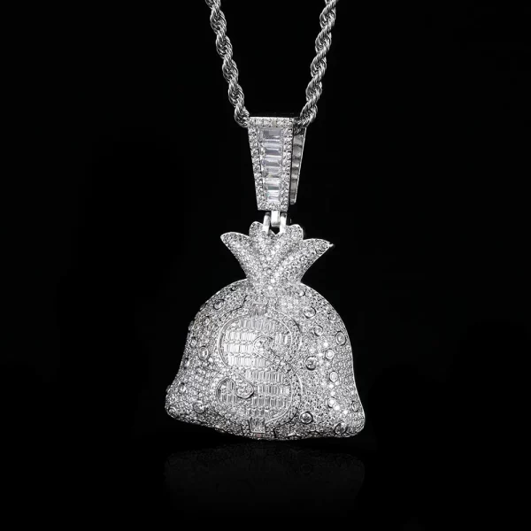 The Iced Money Bag Pendant in White Gold is a stylish representation of success and ambition. Designed with a White Gold-plated finish and encrusted with sparkling stones, this pendant is a luxurious accessory for everyday wear or special occasions. Hypoallergenic, waterproof, and scratch-resistant, it’s built to withstand the rigors of daily use. Perfect for adding a touch of wealth-inspired flair to any look, this pendant is ideal for those who appreciate Hip-Hop style and the symbolism of financial success.