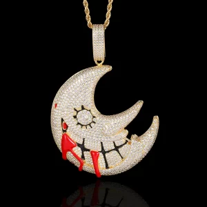 Inspired by anime, the Iced Triple Red Moon Pendant in Yellow Gold brings a dramatic flair to your style. With a bold red moon design accented by shimmering stones, this pendant is perfect for those who want to stand out. Its gold-plated finish adds a touch of luxury, while its hypoallergenic, waterproof, and scratch-resistant qualities ensure it's built for daily wear. Ideal for fans of bold and edgy designs, this piece adds a splash of personality to any look, blending vibrant style with Hip Hop culture.