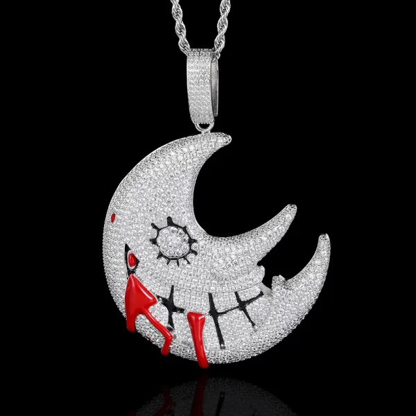 The Iced Triple Red Moon Pendant in White Gold takes a sleek, minimalist approach to the bold red moon design. Set against the shimmering white gold-plated frame, this pendant offers a striking contrast that stands out. Hypoallergenic, waterproof, and durable, it’s perfect for those who love to combine anime-inspired designs with a subtle, icy look. Ideal for daily wear with a unique Hip Hop edge.