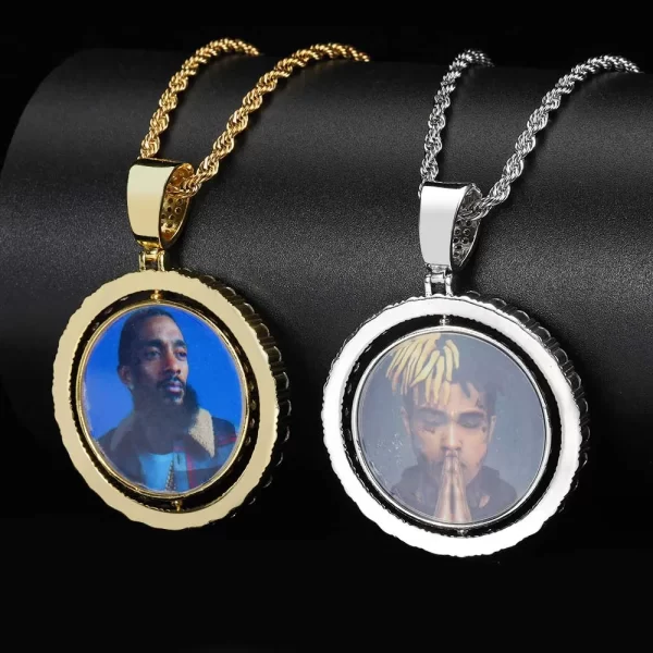 Customize your Hip Hop look with the Yellow Gold Custom 3D Spinner 2-sided Picture Pendant. This 42mm pendant allows you to display your favorite photos on both sides, featuring a unique spinning mechanism. Plated in Yellow Gold and adorned with VVS simulated diamonds, it delivers both style and personalization. The hypoallergenic and durable design makes this pendant perfect for daily wear or special occasions, ensuring your memories are displayed in luxury. Whether for yourself or as a thoughtful gift, the Yellow Gold finish adds an elegant touch.